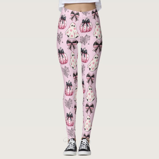 Pink and Black Pumpkins, Ghosts Halloween Leggings (Front)
