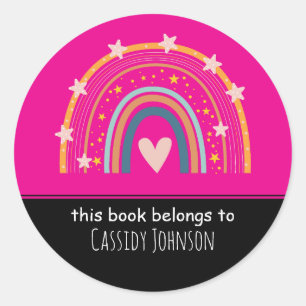 Pink and black rainbow kids name  classic round sticker