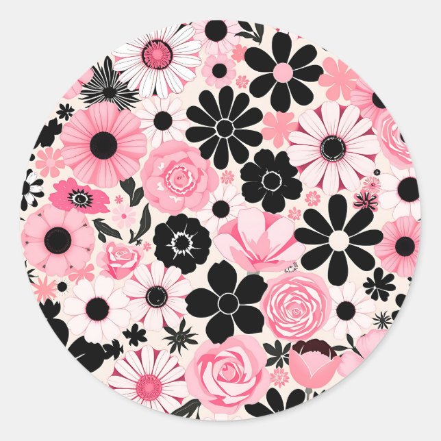 Pink and Black Retro Botanical Flowers Pattern Classic Round Sticker (Front)