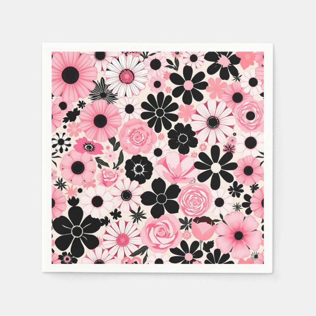 Pink and Black Retro Botanical Flowers Pattern Napkin (Front)