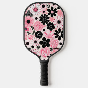 Pink and Black Retro Botanical Flowers Pattern Pickleball Paddle