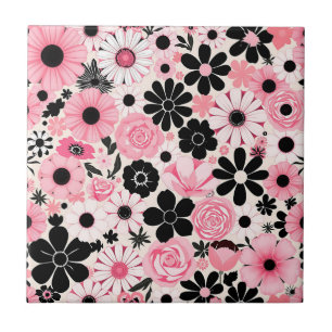 Pink and Black Retro Botanical Flowers Pattern Tile