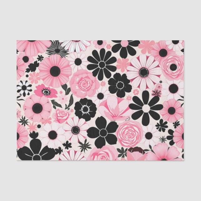 Pink and Black Retro Botanical Flowers Pattern Tissue Paper (Front)
