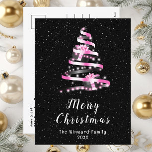 Pink and Black Ribbon Gift Merry Christmas Holiday Postcard