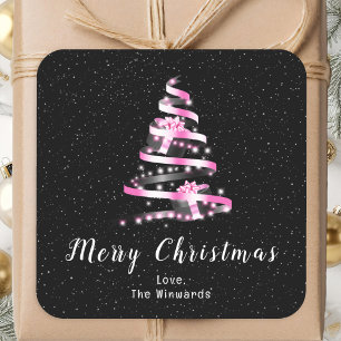 Pink and Black Ribbon Gift Merry Christmas Square Sticker