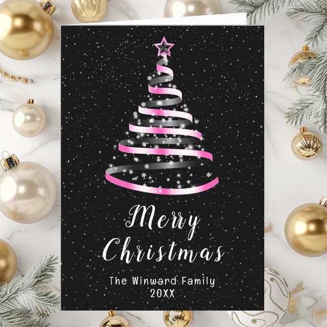 Pink and Black Ribbon Tree Merry Christmas Holiday Card (Creator Uploaded)