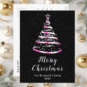 Pink and Black Ribbon Tree Merry Christmas Holiday Postcard