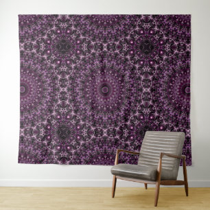 Pink and Black Rose Mandala with Floral Geometry Tapestry