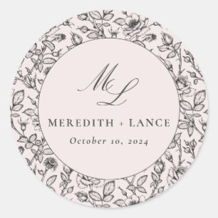Pink and Black Rose Monogram Wedding Favour Classic Round Sticker