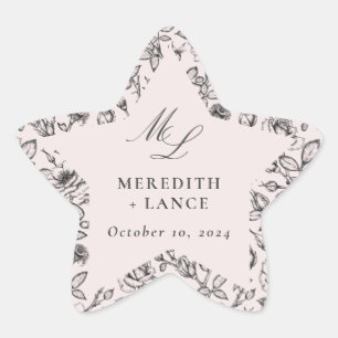 Pink and Black Rose Monogram Wedding Favour Star Sticker