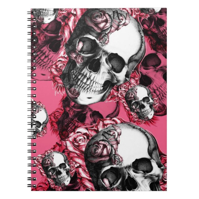 Pink and black rose skull pattern. spiral notebook (Front)