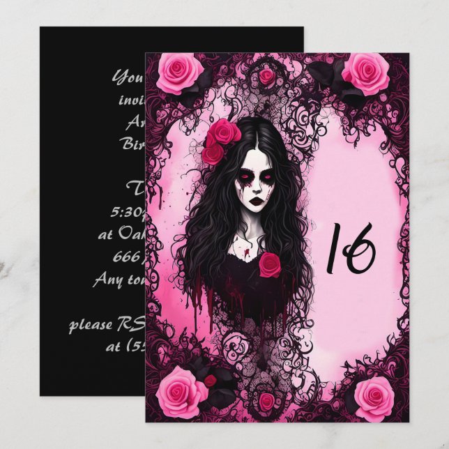 Pink and Black Roses Ghost Girl Sweet 16 Birthday Invitation (Front/Back)