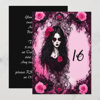 Pink and Black Roses Ghost Girl Sweet 16 Birthday Invitation