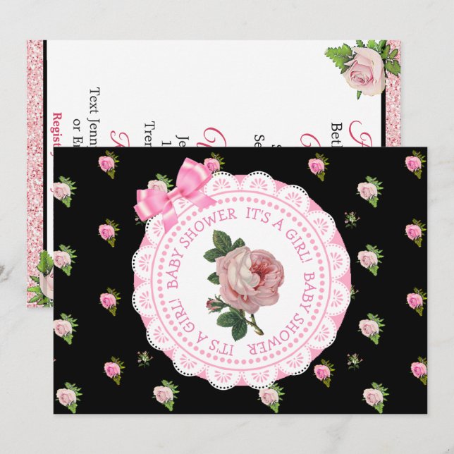 Pink and Black Roses Girl's Baby Shower Invitation (Front/Back)