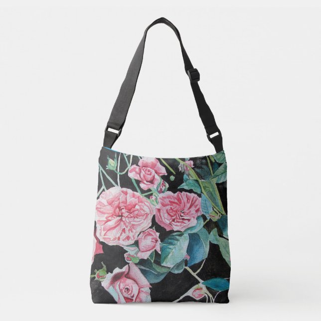 Pink and Black Roses Watercolor Crossbody Bag (Front)