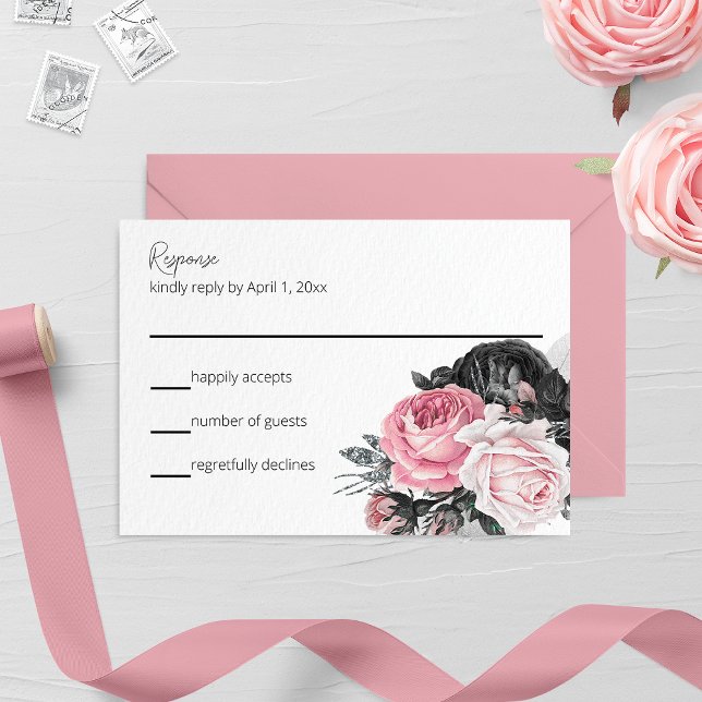Pink and Black Roses Wedding RSVP Card (Creator Uploaded)
