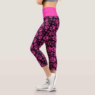 Pink and Black Small Paw Print Capri Leggings