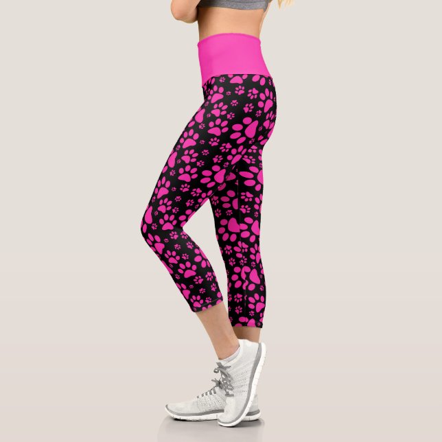 Pink and Black Small Paw Print Capri Leggings (Left)