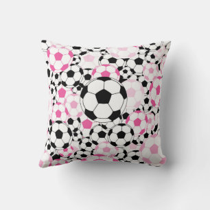 Pink and Black Soccer Ball Sports Fan Throw Pillow