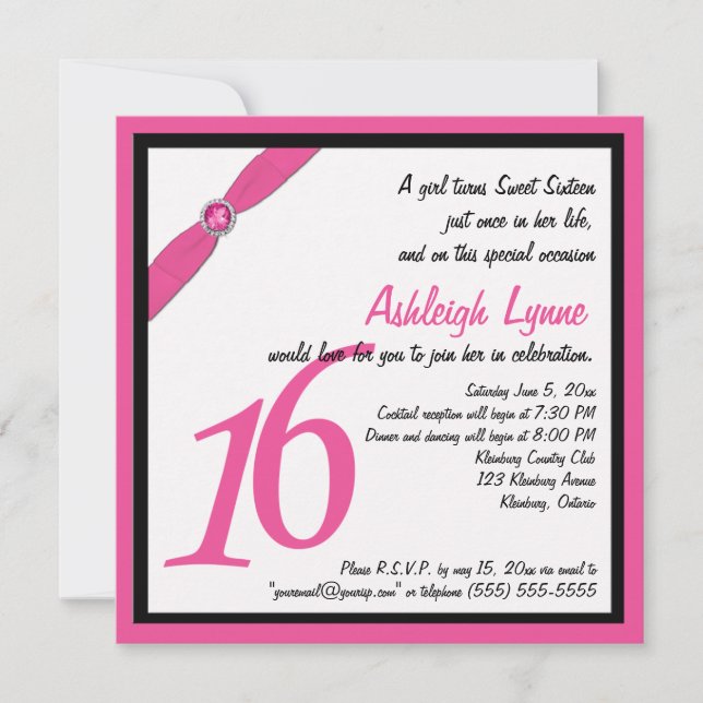 Pink and Black Square Sweet Sixteen Invitation (Front)