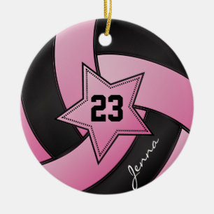 Pink and Black Star Volleyball Ceramic Tree Decoration