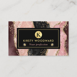 Pink and Black Stone with Gold Glitter Agate Business Card
