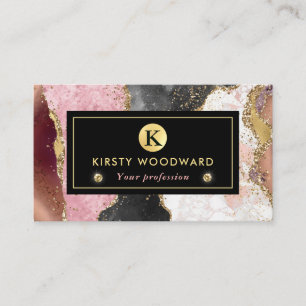 Pink and Black Stone with Gold Glitter Agate Business Card