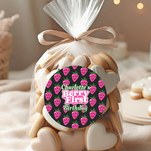 Pink and Black Strawberry Berry First Birthday  Classic Round Sticker