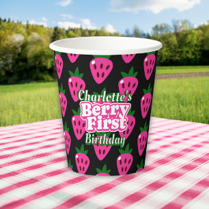 Pink and Black Strawberry Berry First Birthday  Paper Cups