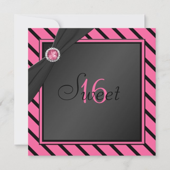 Pink and Black Stripe Sweet Sixteen Invitation (Front)