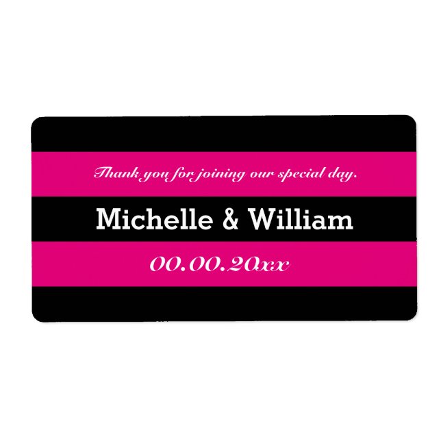 Pink and black stripe wedding water bottle labels (Front)