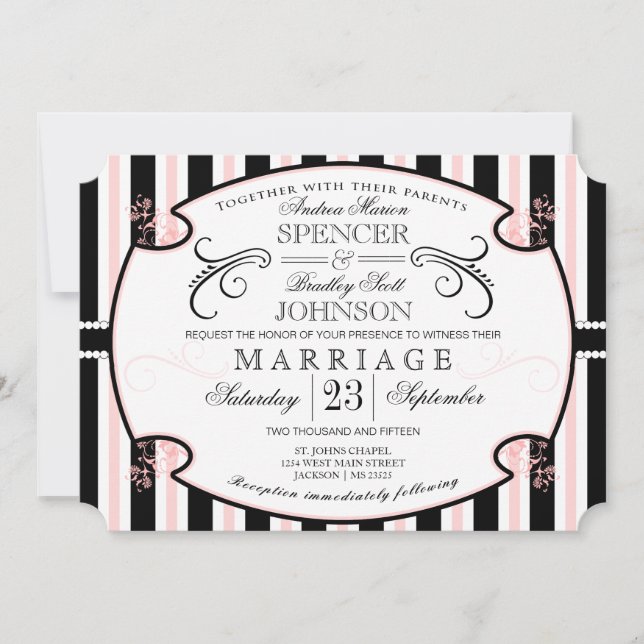 Pink and Black Striped Typography Wedding Invite (Front)