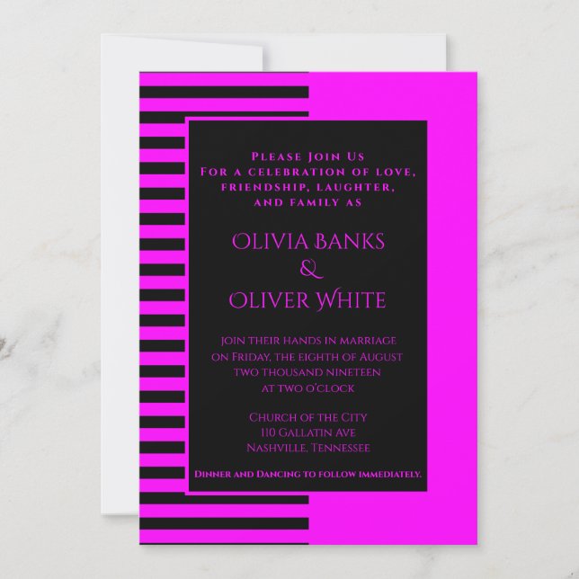 Pink and Black Striped Wedding Invitation (Front)