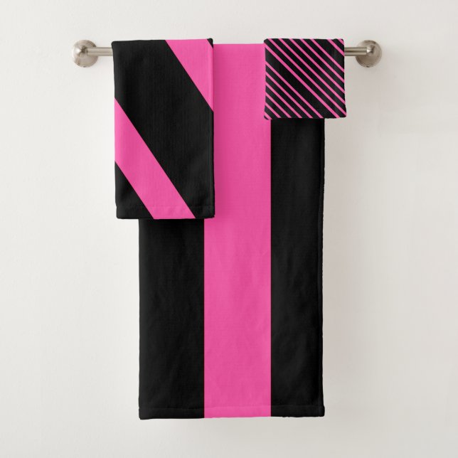 Pink and Black Stripes Bathroom Towel Set (Insitu)