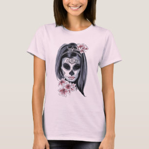 Pink and Black Sugar Skull Hippie Girl T-Shirt