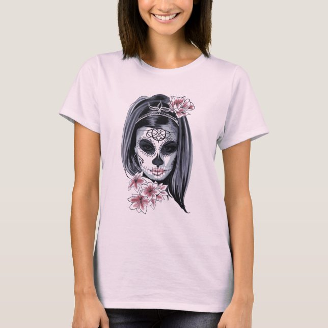 Pink and Black Sugar Skull Hippie Girl T-Shirt (Front)