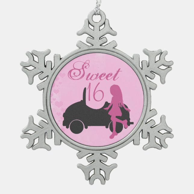 Pink and Black Sweet 16 Silhouette Girl and Car Snowflake Pewter Christmas Ornament (Front)