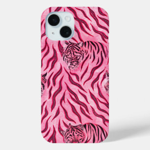 Pink and Black Tiger Print Pattern iPhone 15 Case