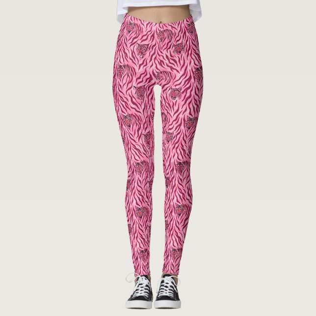 Pink and Black Tiger Print Pattern Leggings (Front)