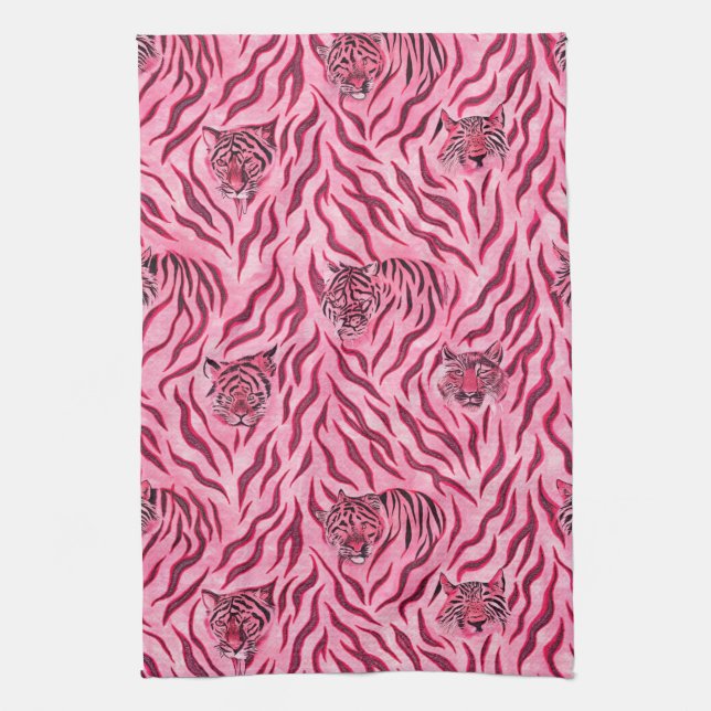 Pink and Black Tiger Print Pattern Tea Towel (Vertical)