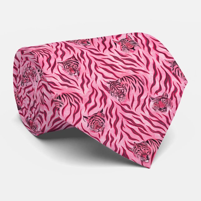 Pink and Black Tiger Print Pattern Tie (Rolled)