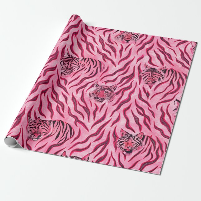 Pink and Black Tiger Print Pattern Wrapping Paper (Unrolled)