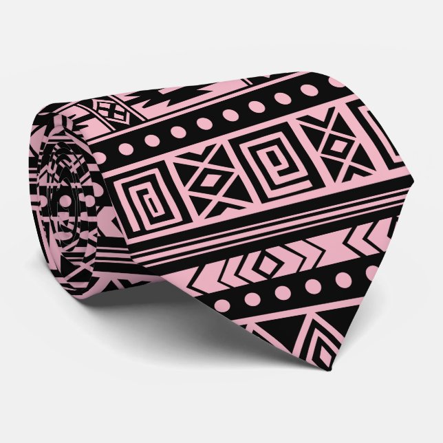 Pink And Black Tribal Geometric Pattern Tie (Rolled)