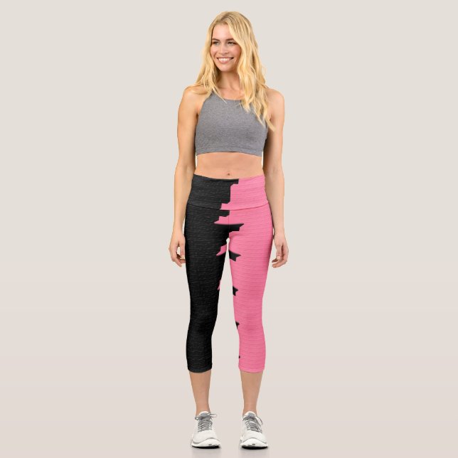 Pink And Black Two Colour Half Sides Stripes Capri Leggings (Front)