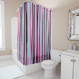 Pink and Black Vertical Stripes Shower Curtain