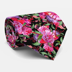 Pink And Black Watercolor Fuchsia Blooms Tie