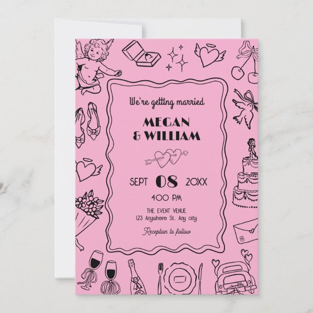 Pink and black Wedding line art sketch fun  Invitation (Front)