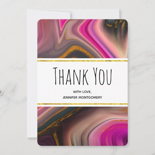 Pink and Black with Gold Swirls Abstract Thank You Card (Front)