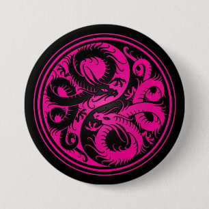 Pink and Black Yin Yang Chinese Dragons 7.5 Cm Round Badge