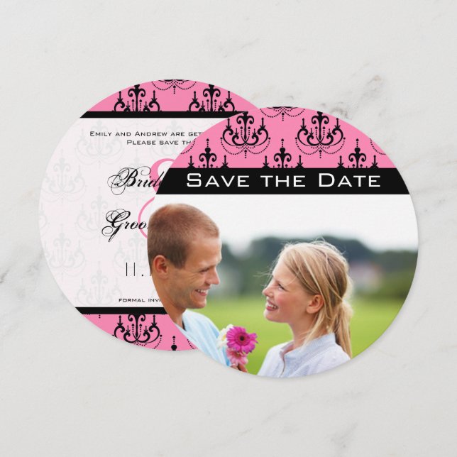Pink and Black Your Photo Pink Chandelier Wedding Invitation (Front/Back)